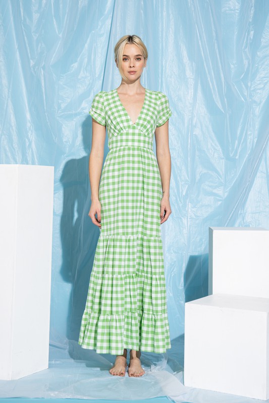 Green Gingham Open Back Maxi Dress Green Gingham Open Back Maxi Dress