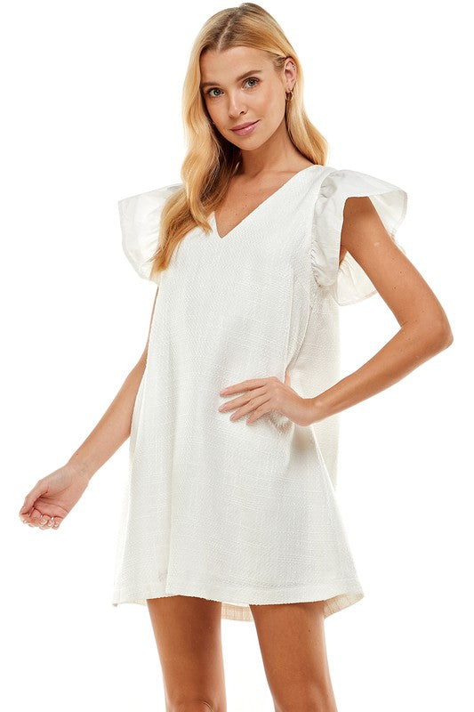 White Flutter Sleeve V neck Tweed Dress Clothing TCEC   