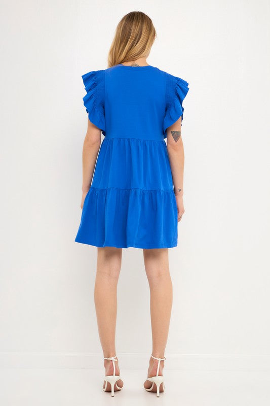 Tiered Knit Dress w/ Smocking Detail  Ruffle Sleeve Clothing August Apparel   