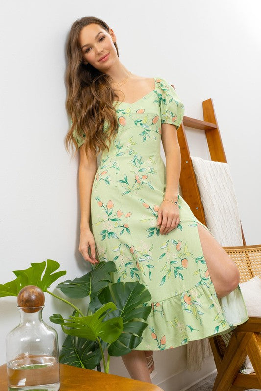 Light Green Fruit Print Puff-Sleeve Midi Dress w/ Slit Light Green Fruit Print Puff-Sleeve Midi Dress w/ Slit