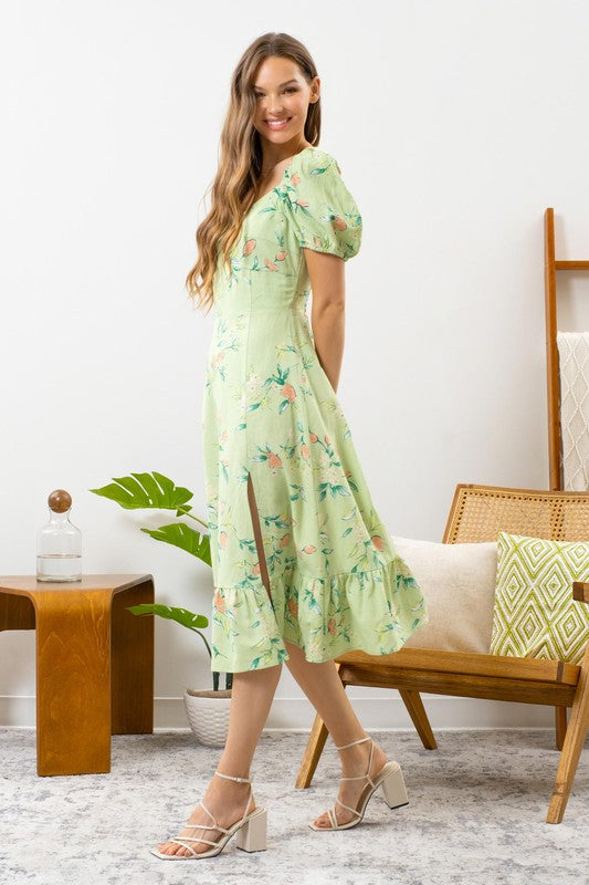 Light Green Fruit Print Puff-Sleeve Midi Dress w/ Slit
