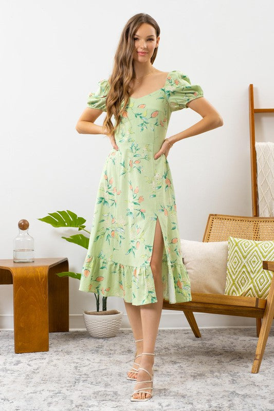 Light Green Fruit Print Puff-Sleeve Midi Dress w/ Slit Clothing Blu Pepper   