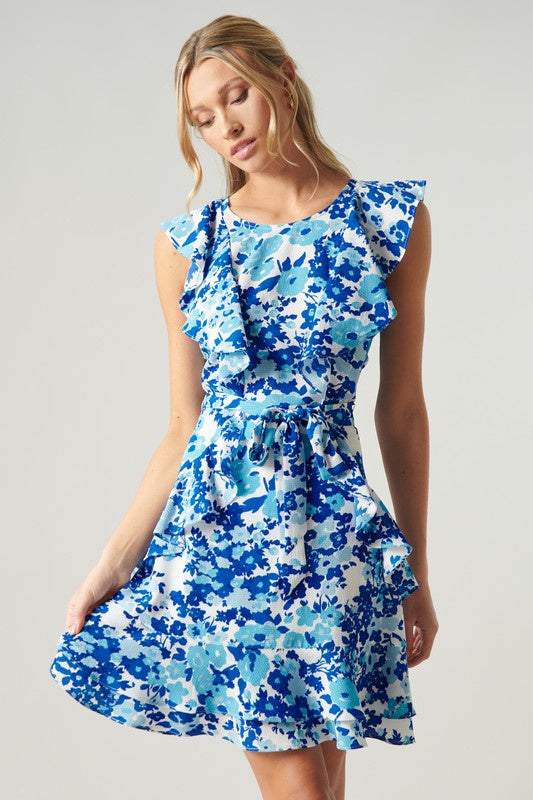 Blue Floral Print Ruffle Detail Tie Waist Dress Clothing SugarLips   