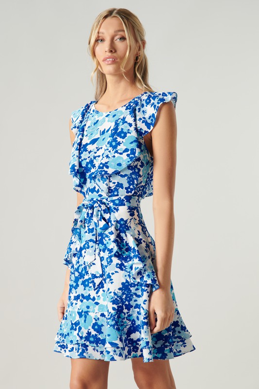 Blue Floral Print Ruffle Detail Tie Waist Dress Clothing SugarLips   