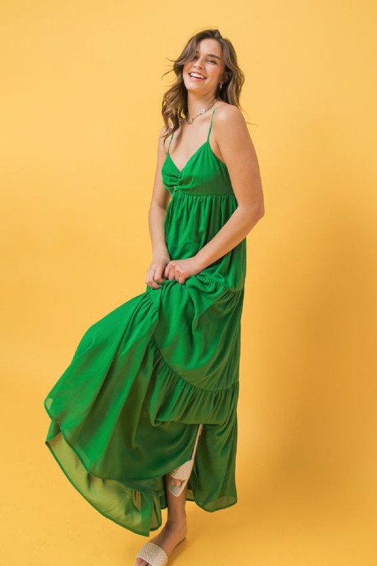 Green Tiered Spag Strap Maxi Dress Clothing Flying Tomato   