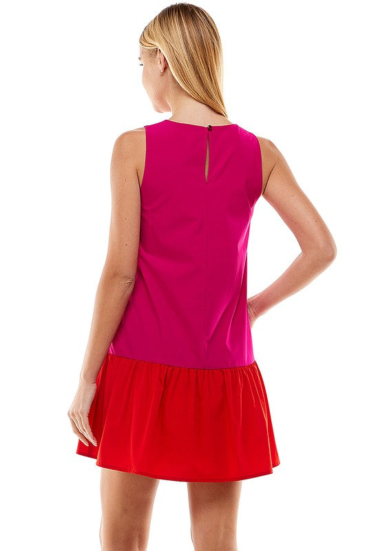 Pink/Red Color block Ruffle Hem Dress Clothing TCEC   