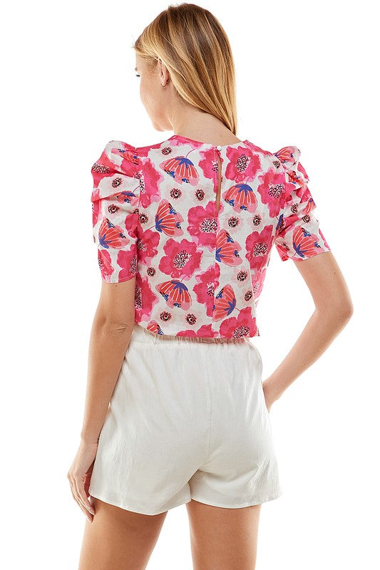 Pink/White Floral Puff Sleeve Blouse Clothing TCEC   