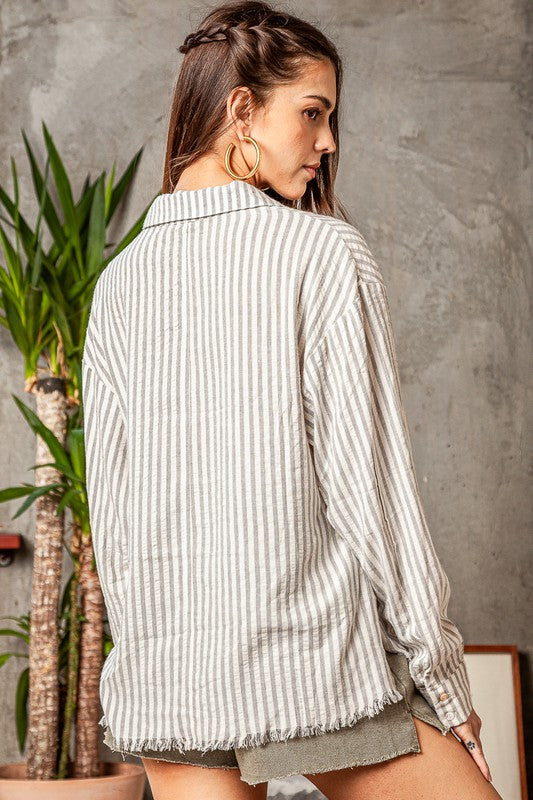 Button Up Striped Crinkle Top Clothing Miou Muse   