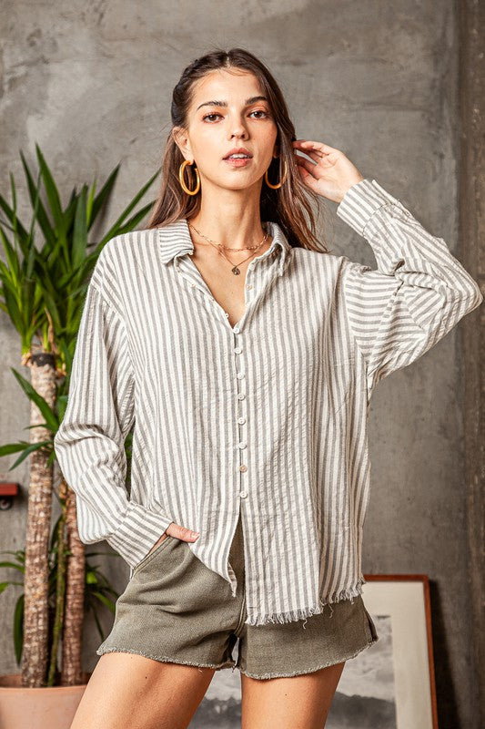 Button Up Striped Crinkle Top Clothing Miou Muse Grey S 