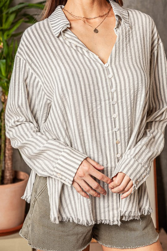 Button Up Striped Crinkle Top Clothing Miou Muse   