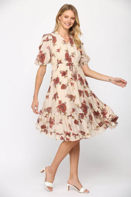 Cream/Rust Print Midi Dress w Puff S/Slvs – Peacocks & Pearls Lexington