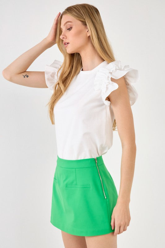 Ruffle Shoulder Tee Clothing August Apparel White XS 