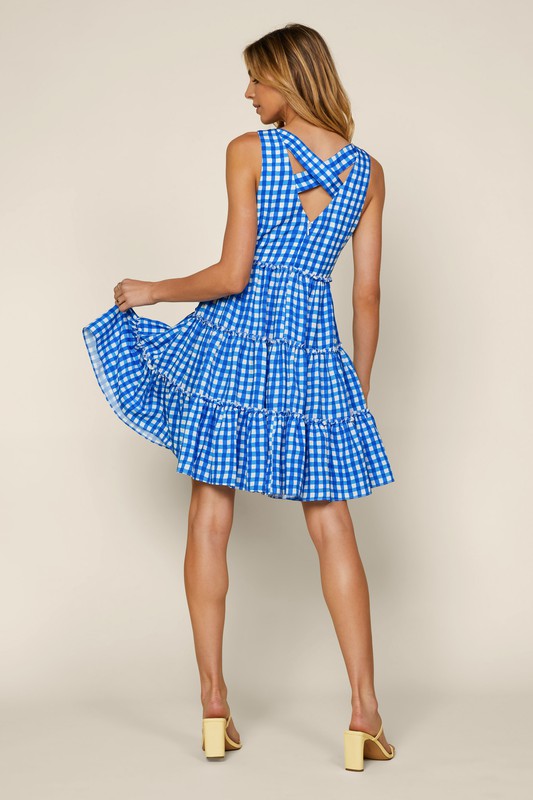 Gingham Cross Back Tiered Dress Clothing Skies Are Blue   