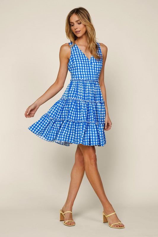 Gingham Cross Back Tiered Dress Clothing Skies Are Blue   