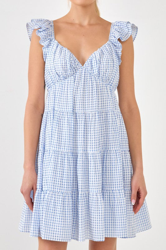 White/Navy Gingham Tiered Dress Clothing August Apparel   