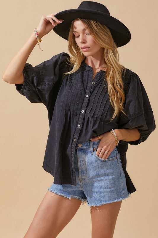 Washed Denim Balloon Slv Top Clothing Day + Moon Black S 
