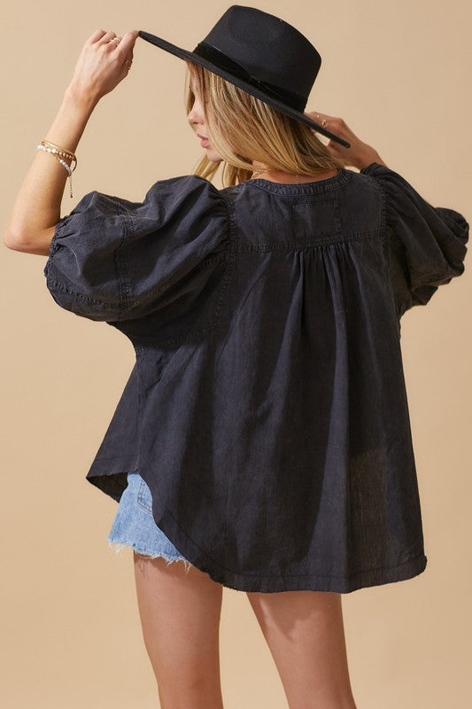 Washed Denim Balloon Slv Top Clothing Day + Moon   