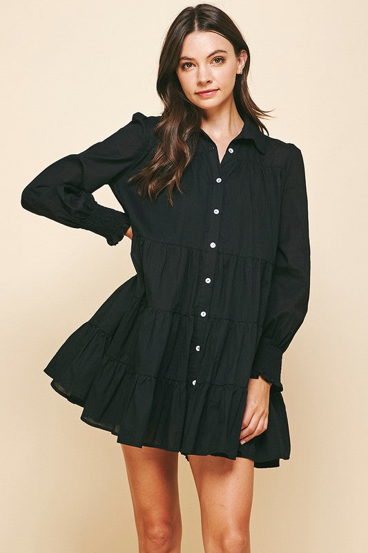 Collared Button Down Tiered Mini Dress Clothing Pinch Black S 