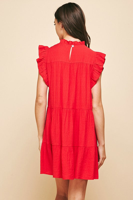Red Tiered Ruffle Mock Neck Dress Clothing Pinch   