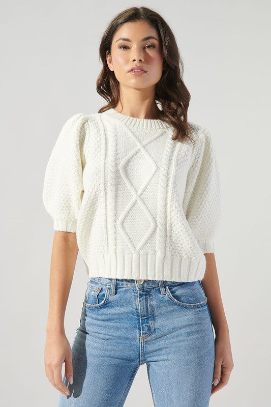 Ivory Cable Knit Puff Slv Sweater Clothing SugarLips   