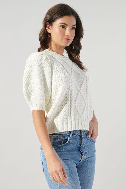 Ivory Cable Knit Puff Slv Sweater Clothing SugarLips   