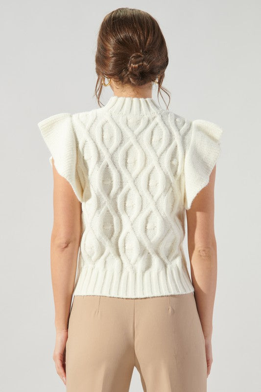 White Flutter Slv Cable Knit Top Clothing SugarLips   