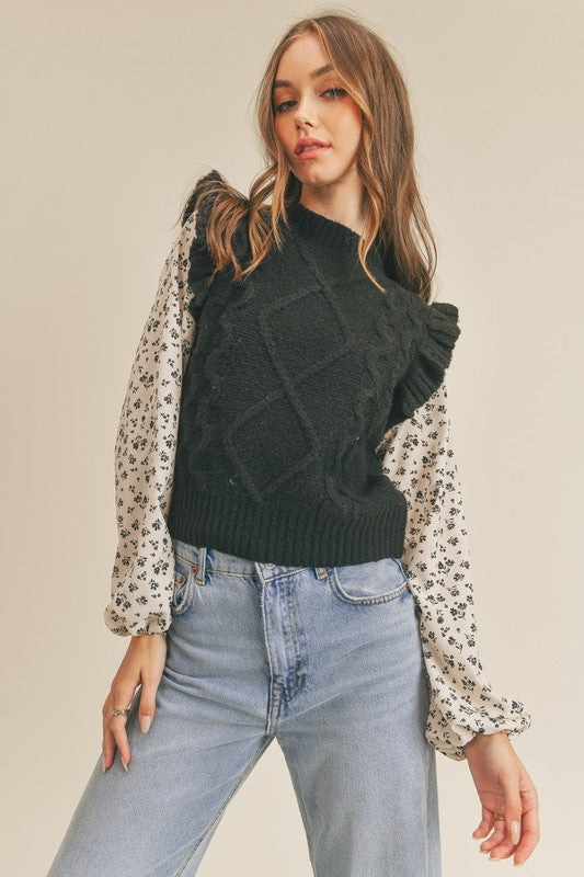 Black Knit Sweater With Floral Woven Puff Blouse Clothing &merci   