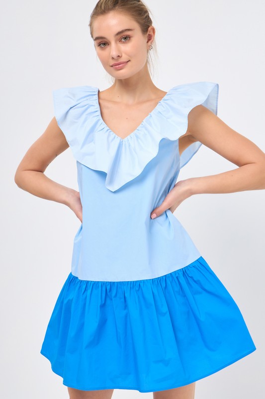 Multi Blue Colorblock Ruffle Dress Clothing August Apparel   