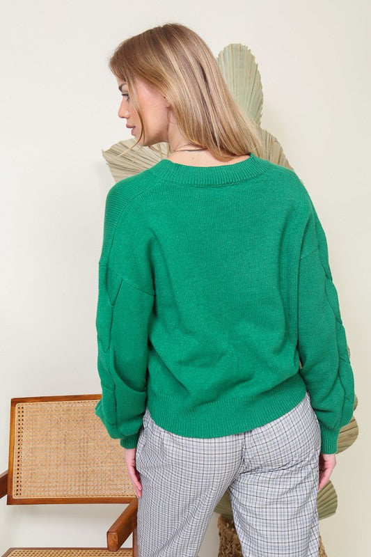 Green V-neck Cable Sweater Clothing Lumiere   
