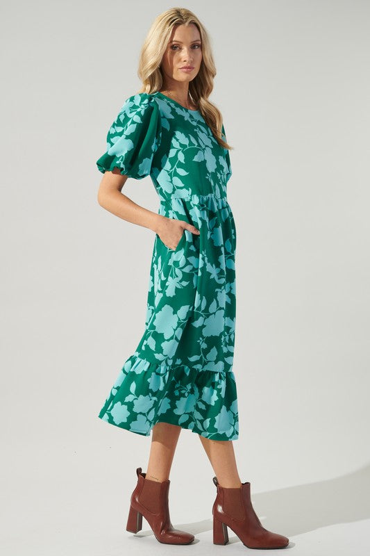 Green/Blue Floral Puff Slv Midi Dress Clothing SugarLips   