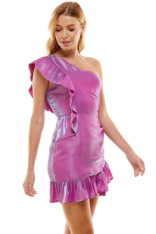 Purple Metallic One Shoulder Ruffle Dress Clothing TCEC   
