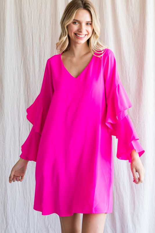 Neon Pink Ruffle Long Sleeve Dress Clothing Jodifl   
