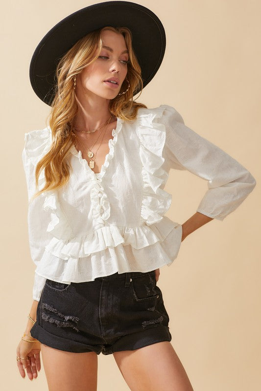 White Ruffle Detail Floral Texture Top Clothing Day + Moon   