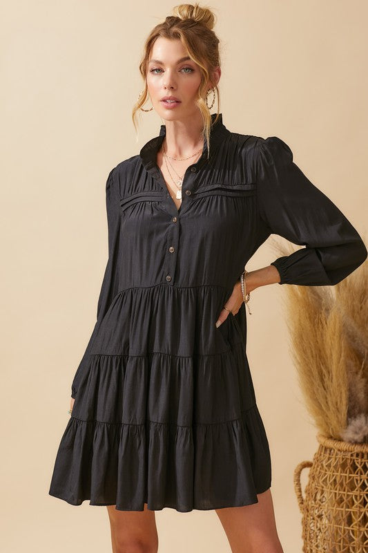 Buttoned Tiered Lng Slv Dress Clothing Day + Moon Black S 