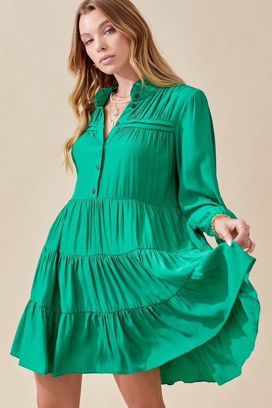 Buttoned Tiered Lng Slv Dress Clothing Day + Moon Green S 