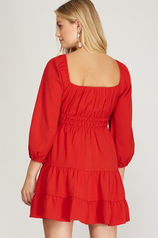 Red 3/4 Slv Tiered Dress Clothing She + Sky   