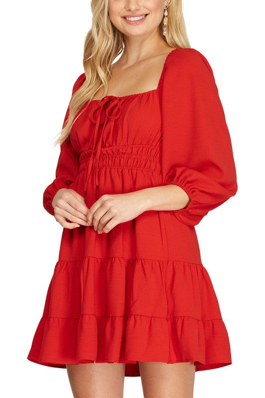 Red 3/4 Slv Tiered Dress Clothing She + Sky   