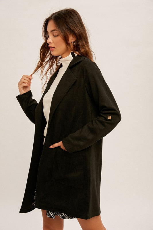 Suede Collared Open Jacket Clothing Hem & Thread   