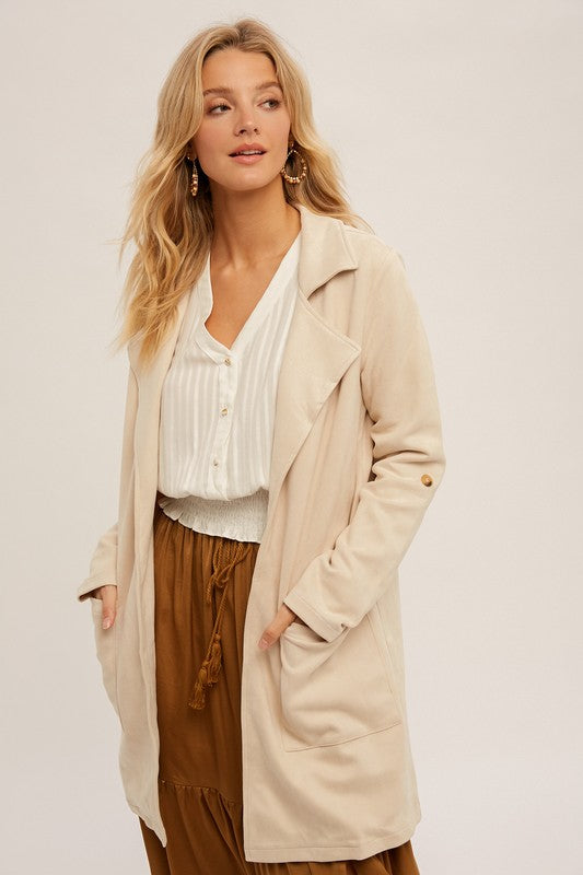 Suede Collared Open Jacket Clothing Hem & Thread   