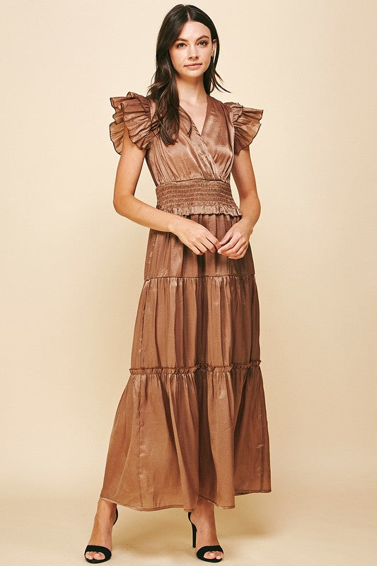 Mocha Ruffle Slv V-neck Satin Maxi Clothing Pinch   