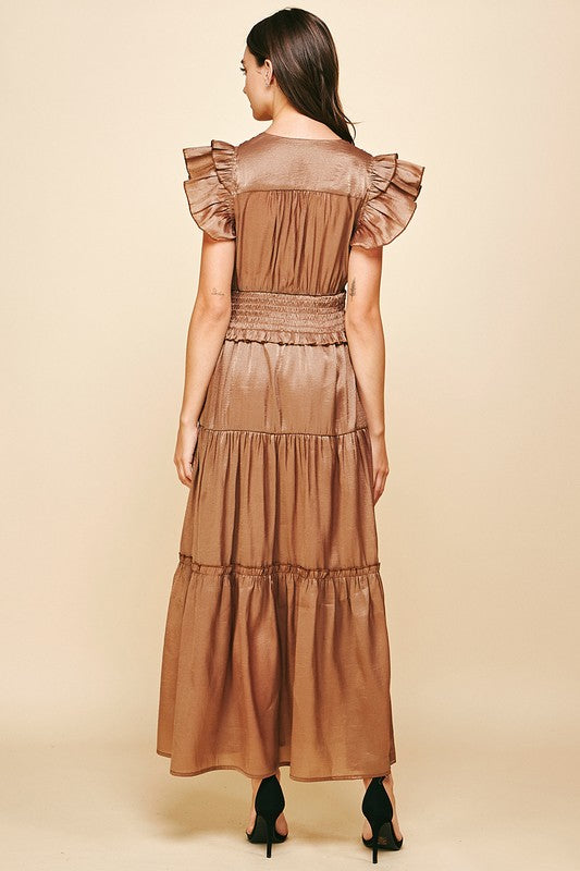 Mocha Ruffle Slv V-neck Satin Maxi Clothing Pinch   