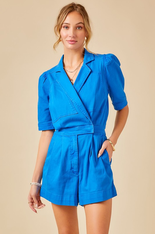 Puff Slv Collared Denim Romper Clothing Day + Moon Royal S 