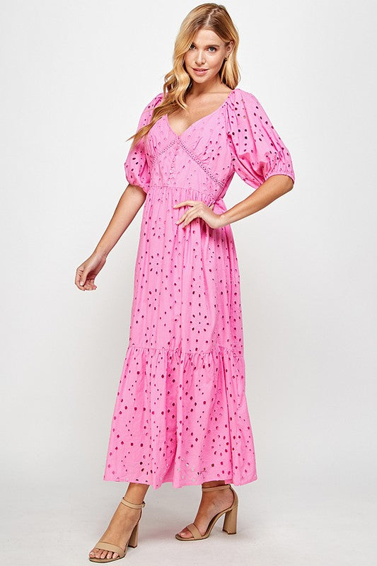 Pink Eyelet V-neck Tiered Maxi Clothing See And Be Seen   