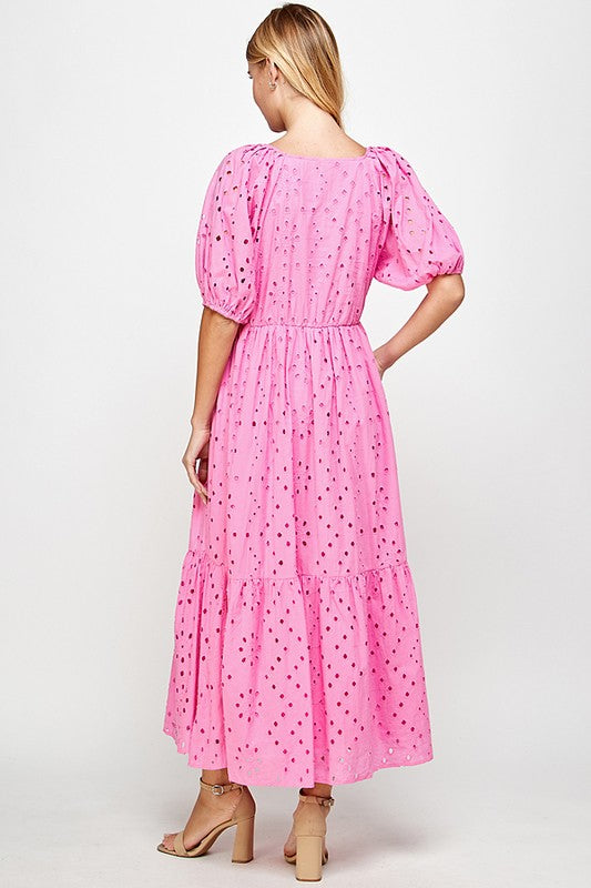 Pink Eyelet V-neck Tiered Maxi Clothing See And Be Seen   