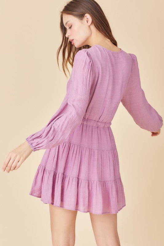 Lavender V-Neck Button Down Tiered Dress Clothing en:semble   