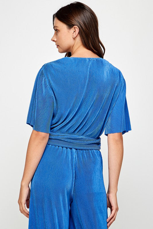 Blue Pleated Wrap Cropped Top Clothing Ellison   