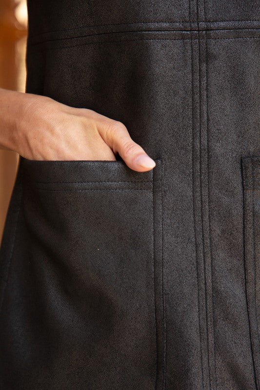 Faux Leather Double Pocket V-Neck Dress Clothing Voy   