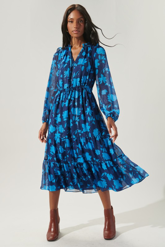 Navy/Blue Floral Tiered Midi Dress Clothing SugarLips   
