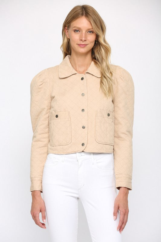 Taupe Puff Slv Quilted Jacket Clothing Fate   