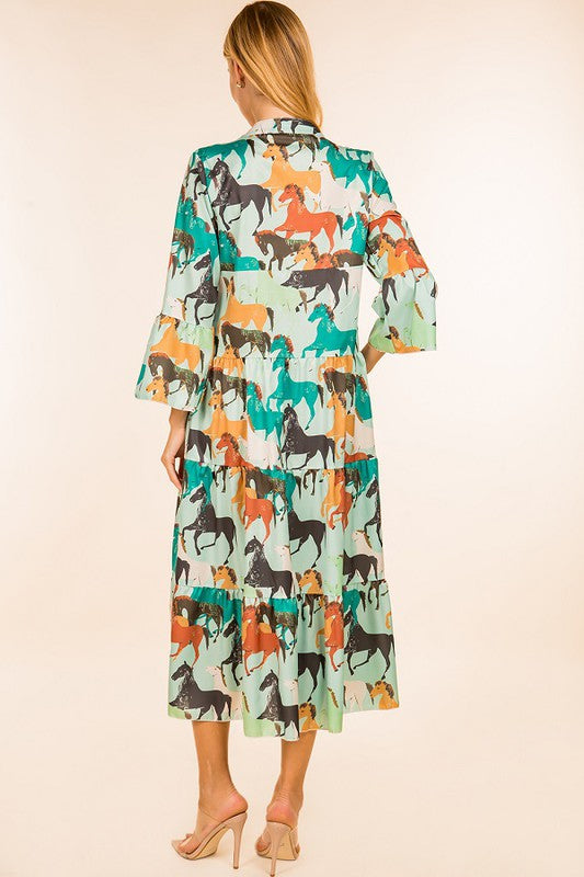 Light Blue Horse Print Maxi Dress Clothing Sunday Up   